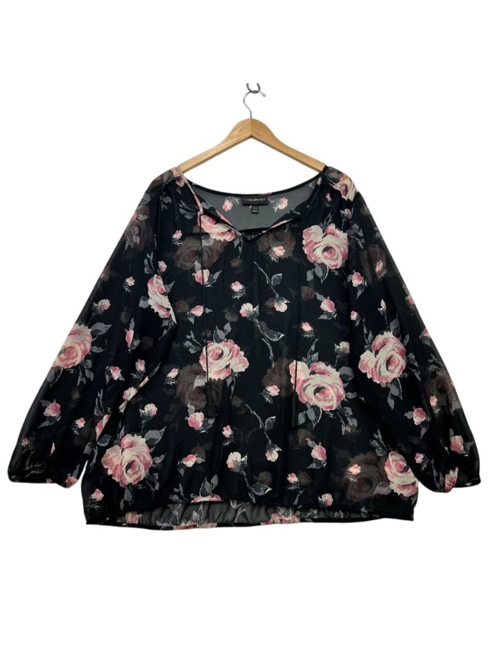 Lane Bryant Women Long Sleeve Floral Blouse Top  22/24 Black Pink Roses Tie-Neck